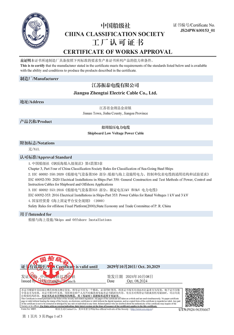 船用电缆CCS证书
